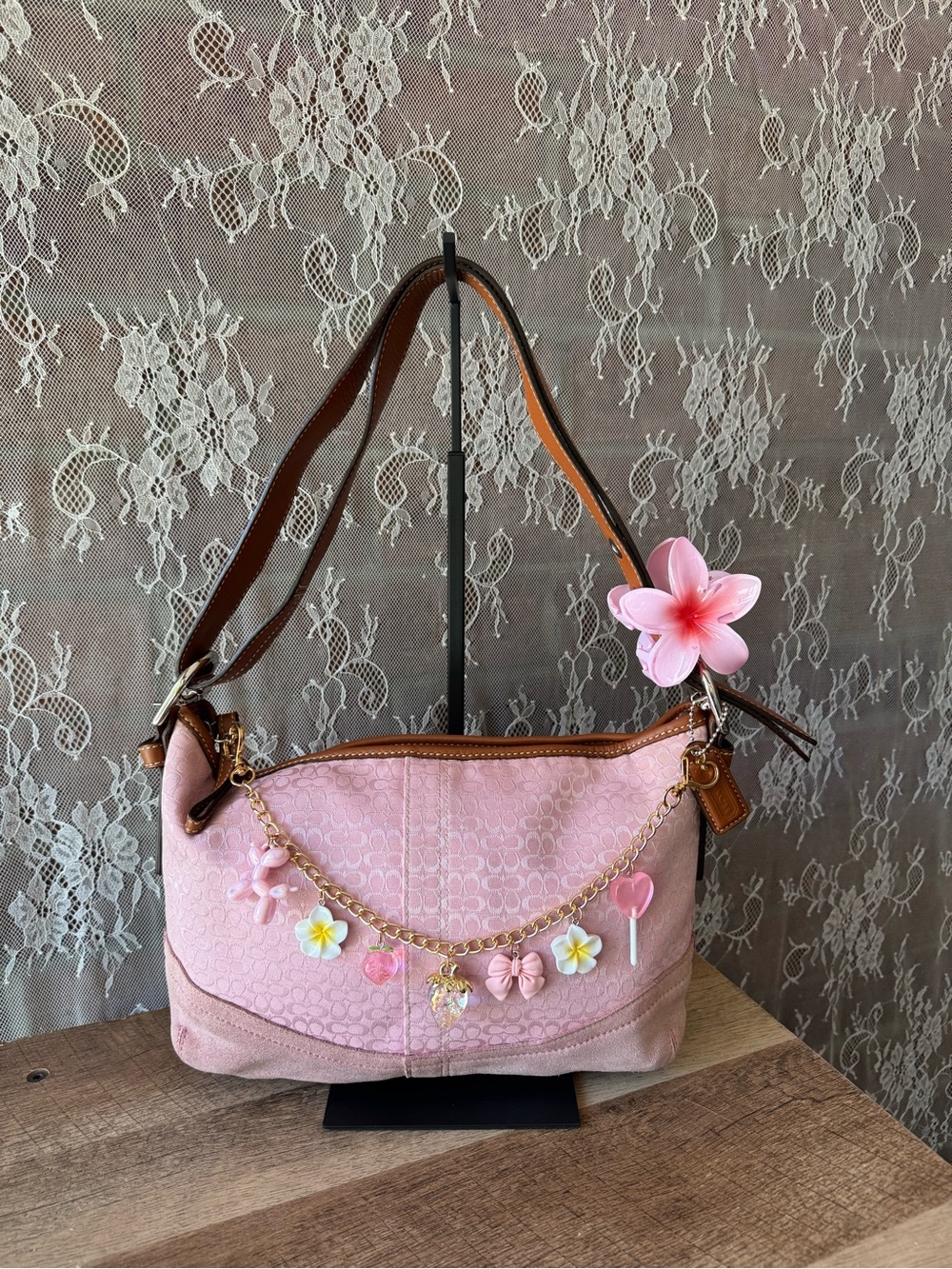 Coach Pink Shoulder Bag with Brown Trim and Charm Chain